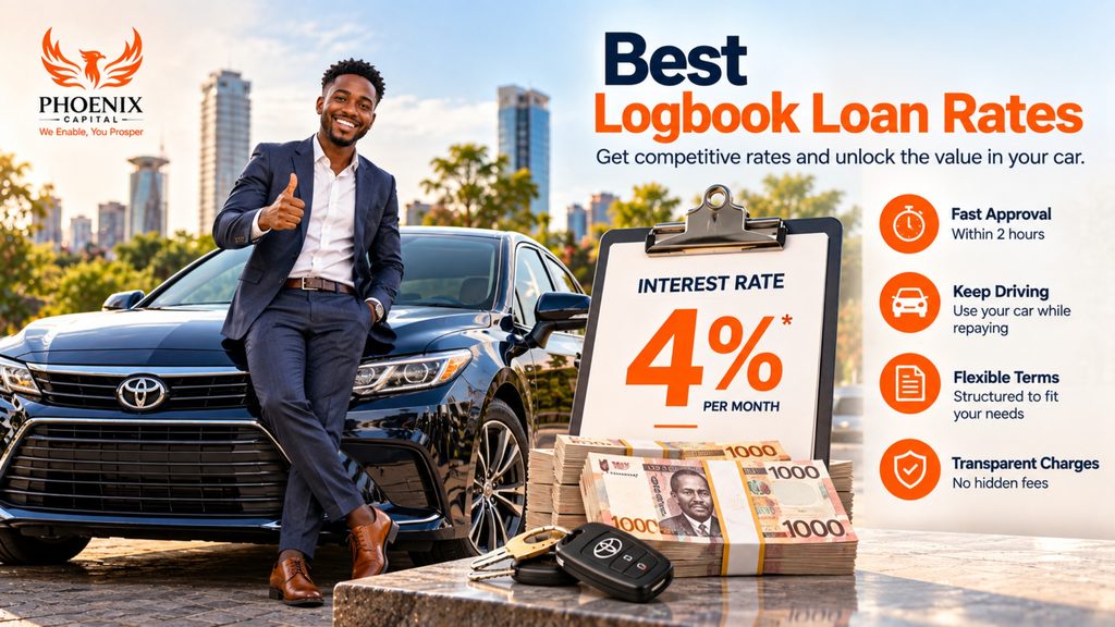 Best logbook loan rates in Kenya with Phoenix Capital offering 4% monthly interest, fast approval and flexible repayment terms.