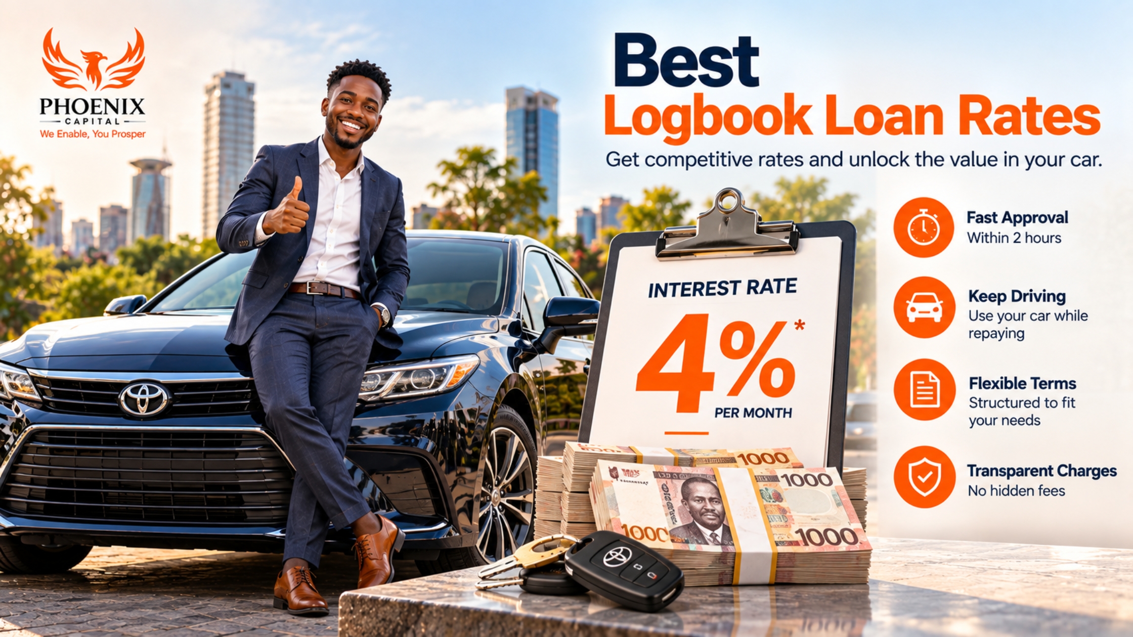 Best logbook loan rates in Kenya with Phoenix Capital offering 4% monthly interest, fast approval and flexible repayment terms.