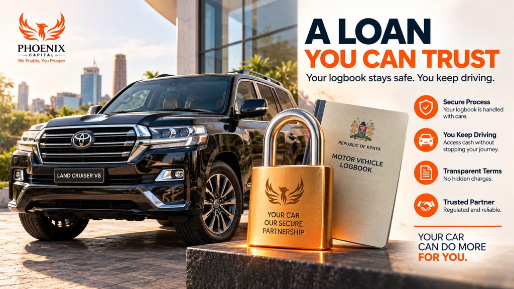 How secure are logbook loans in Kenya? Phoenix Capital secure logbook loan showing a vehicle, motor vehicle logbook and padlock.