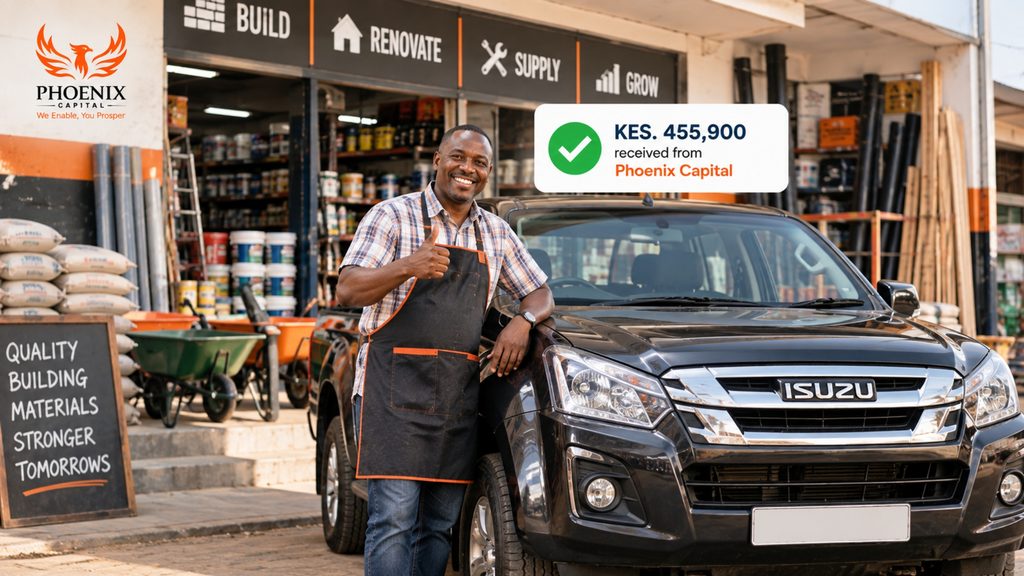 Kenyan business owner with his Isuzu pickup after receiving KES 455,900 from Phoenix Capital through a logbook loan in Kenya from 4 percent per month.