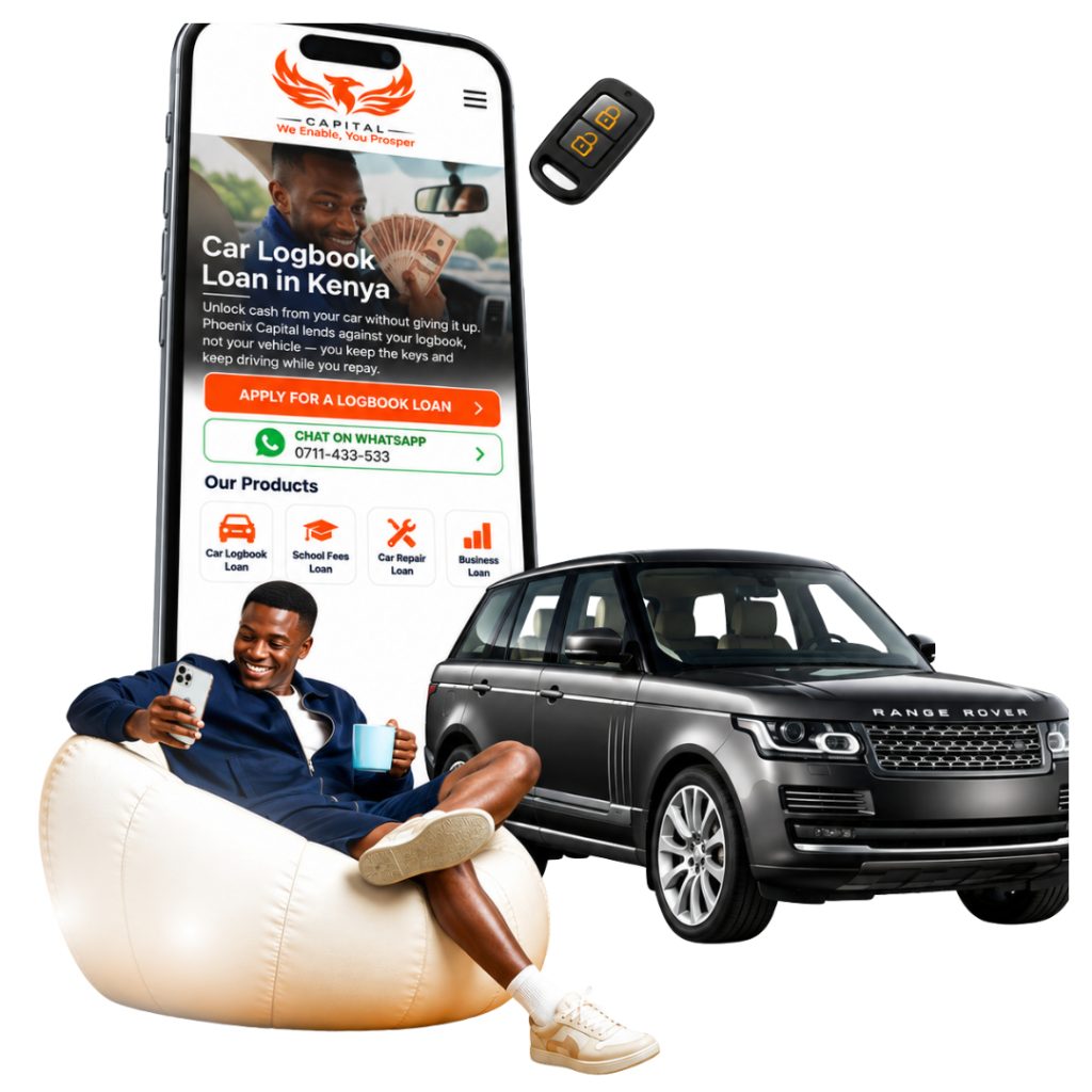 Phoenix Capital Kenya logbook loan image featuring a man using his phone beside a Range Rover, with a mobile loan application screen and car key. Dial *568# to get started.